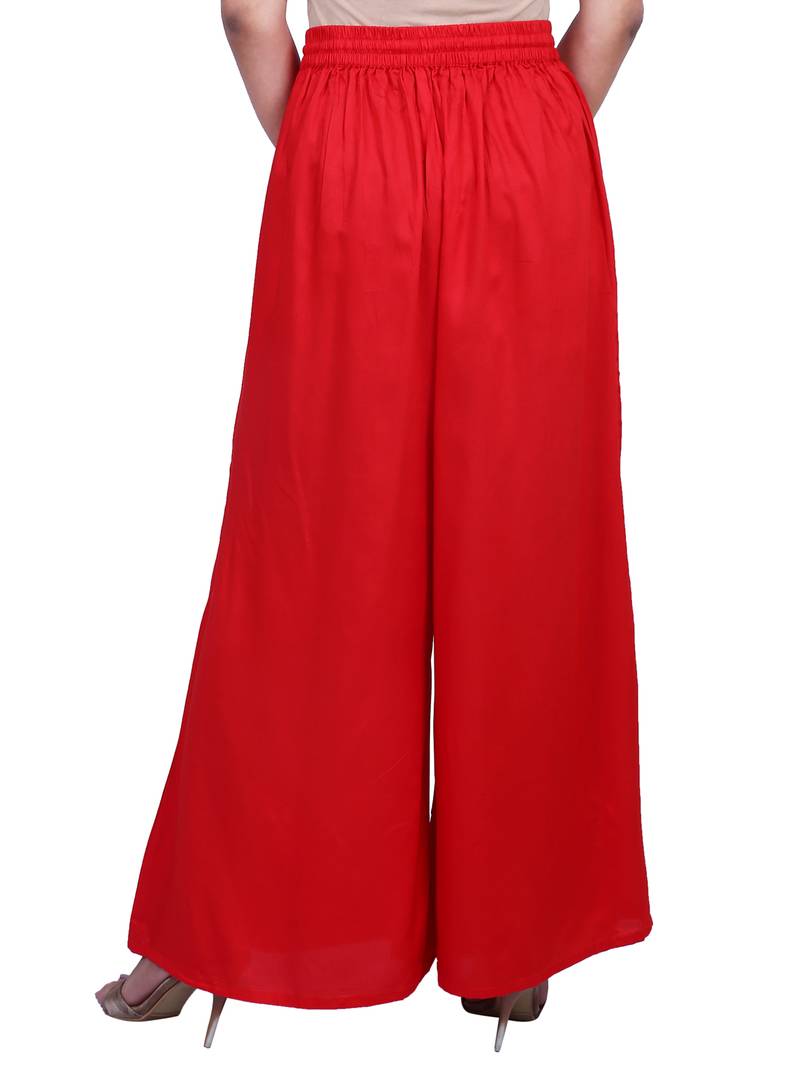 Women's  Red Rayon Solid Flared Palazzo Pant