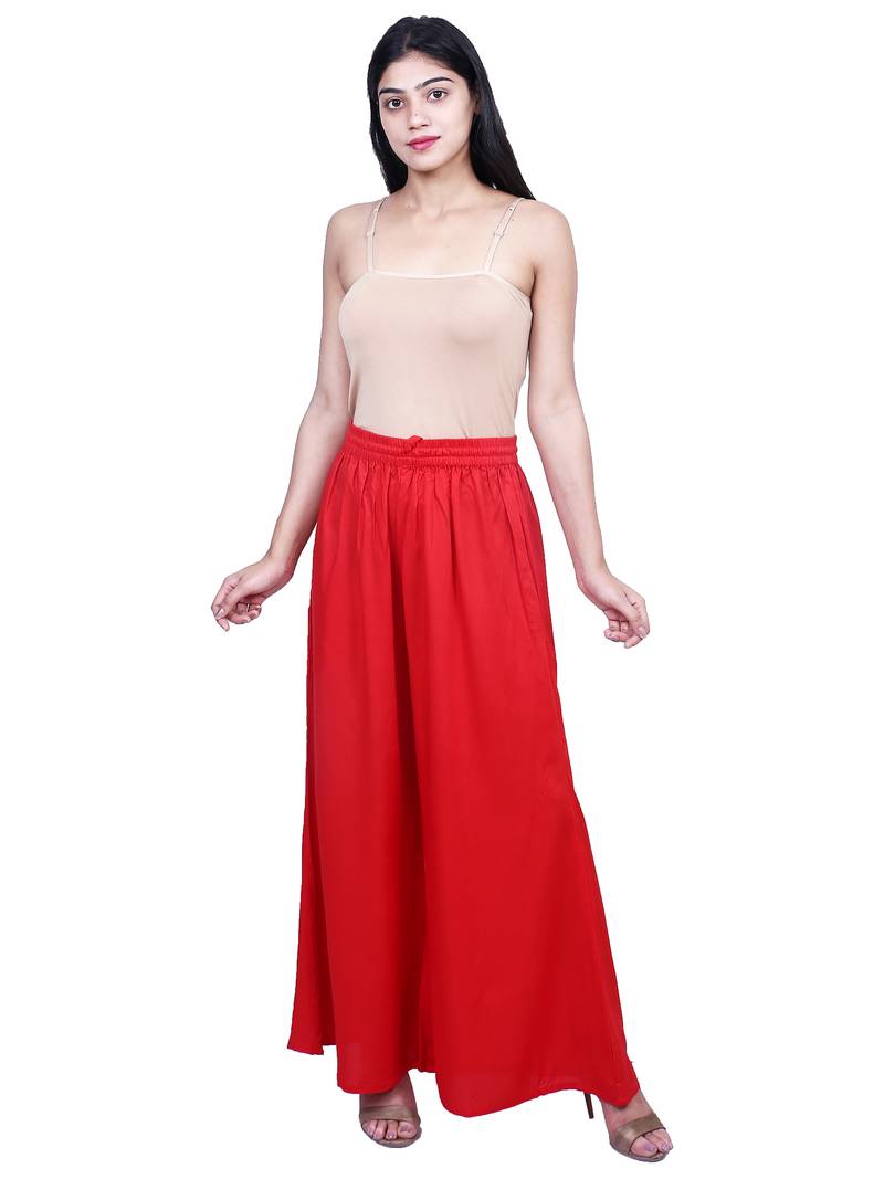 Women's  Red Rayon Solid Flared Palazzo Pant