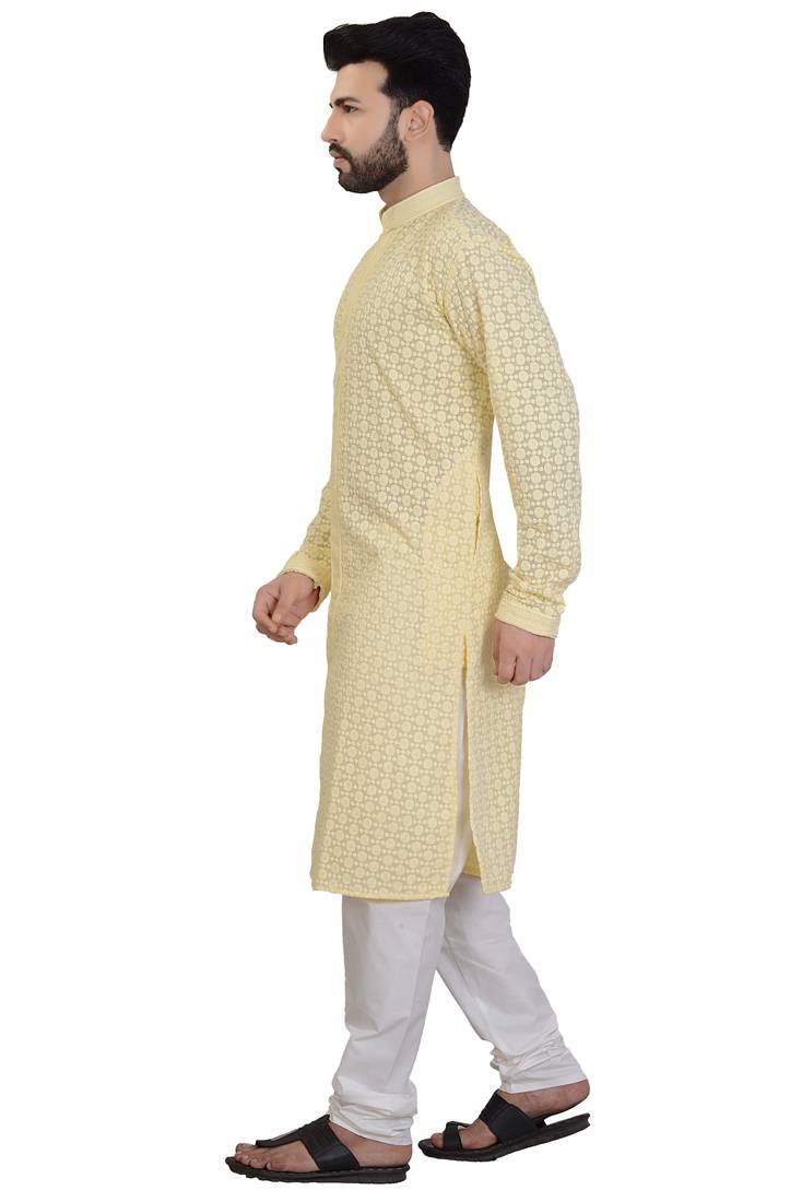 yellow stylish and fancy chikankari lucknowi embroidery kurta pyjama