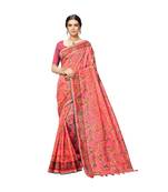 Red Printed cotton saree with blouse