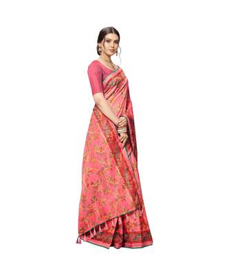 Red Printed cotton saree with blouse 2