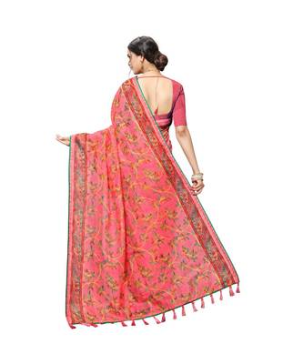Red Printed cotton saree with blouse 3