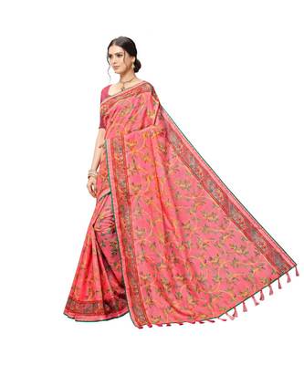 Red Printed cotton saree with blouse 4