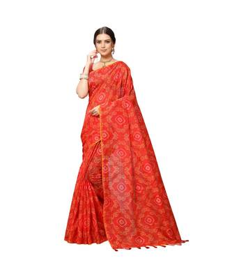 Red Printed cotton saree with blouse 1