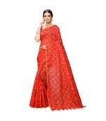 Red Printed cotton saree with blouse