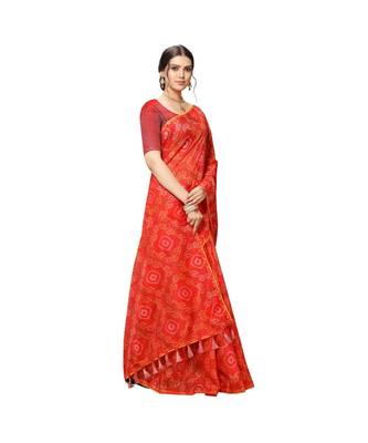 Red Printed cotton saree with blouse 2