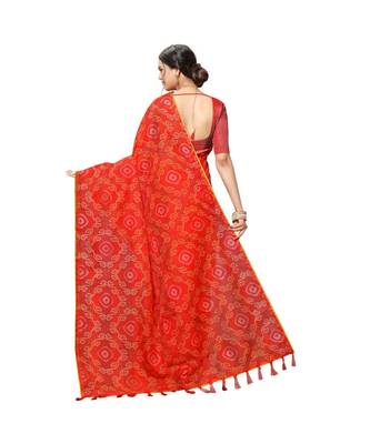 Red Printed cotton saree with blouse 3