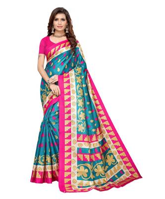 Blue Printed Art Silk saree with blouse 1
