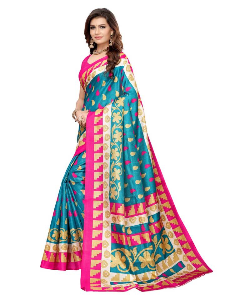 Blue Printed Art Silk saree with blouse