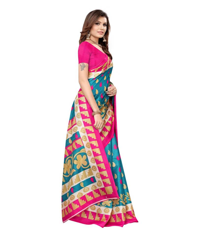 Blue Printed Art Silk saree with blouse