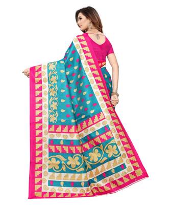 Blue Printed Art Silk saree with blouse 4