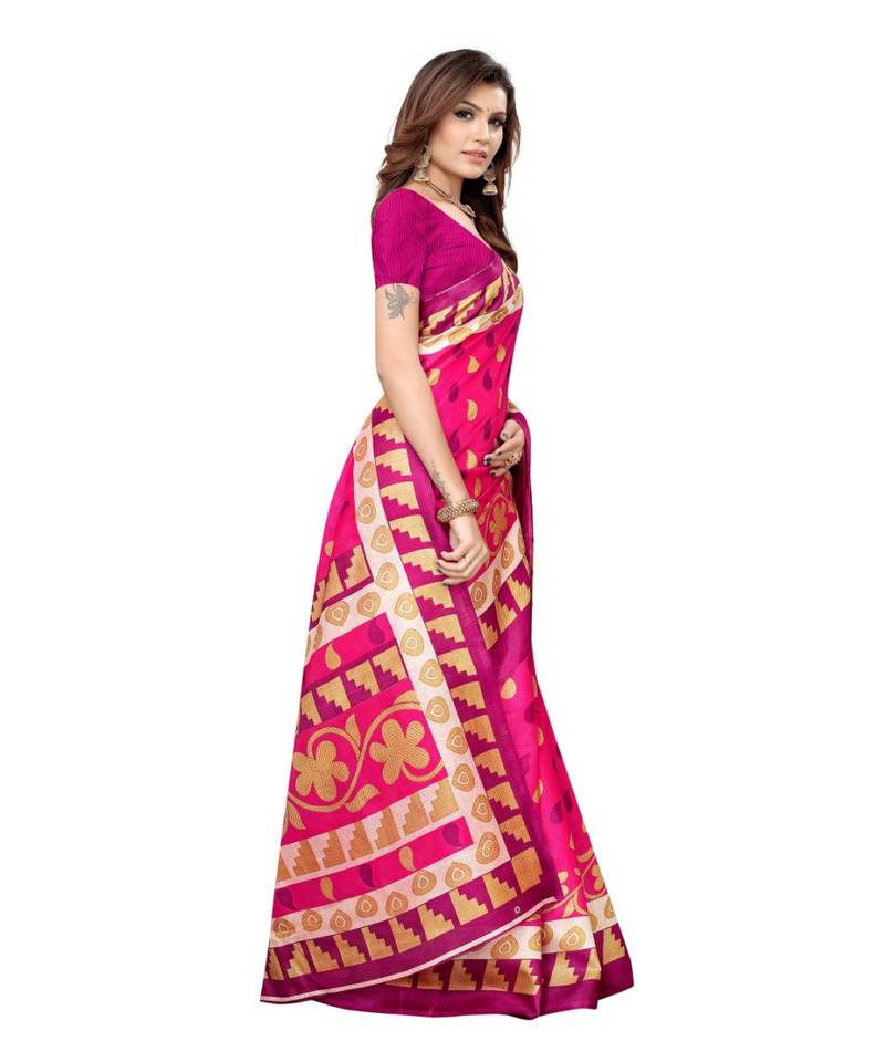 Pink Printed Art Silk saree with blouse