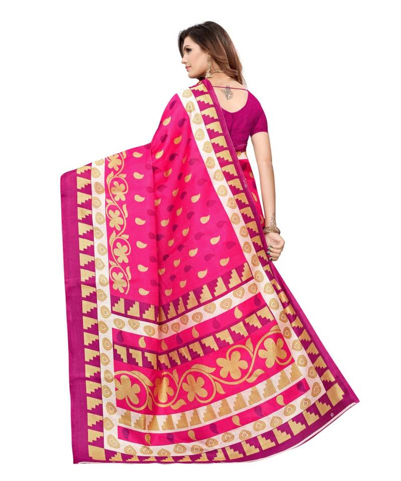 Pink Printed Art Silk saree with blouse