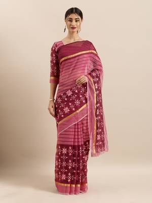 Pink Embroidered Cotton Saree With Blouse 1