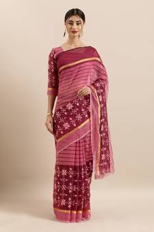 Pink Embroidered Cotton Saree With Blouse