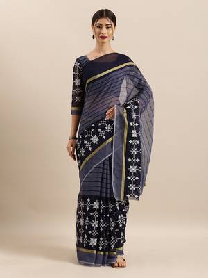 Blue Embroidered Cotton Saree With Blouse 1