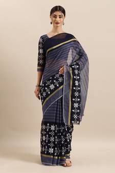 Blue Embroidered Cotton Saree With Blouse