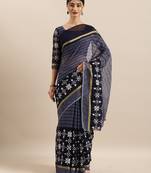 Blue Embroidered Cotton Saree With Blouse