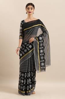 Black Embroidered Cotton Saree With Blouse