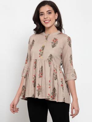 Indibelle Beige printed cotton cotton-tops 1