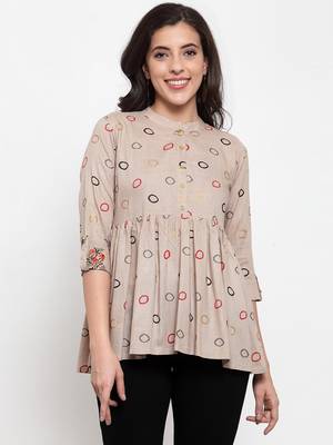 Indibelle Beige printed viscose rayon cotton-tops 1