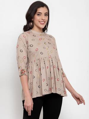 Indibelle Beige printed viscose rayon cotton-tops 3