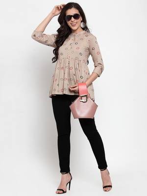 Indibelle Beige printed viscose rayon cotton-tops 4