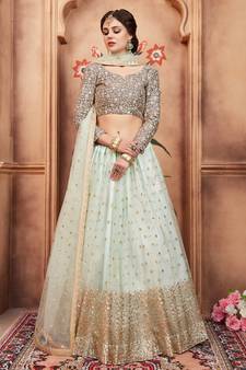 Sky-blue embroidered net semi stitched lehenga