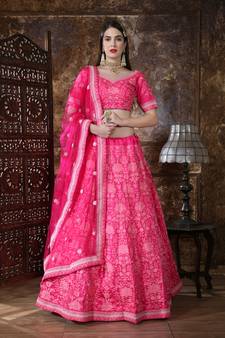 Pink Thread & Coding Embroidered silk semi stitched lehenga