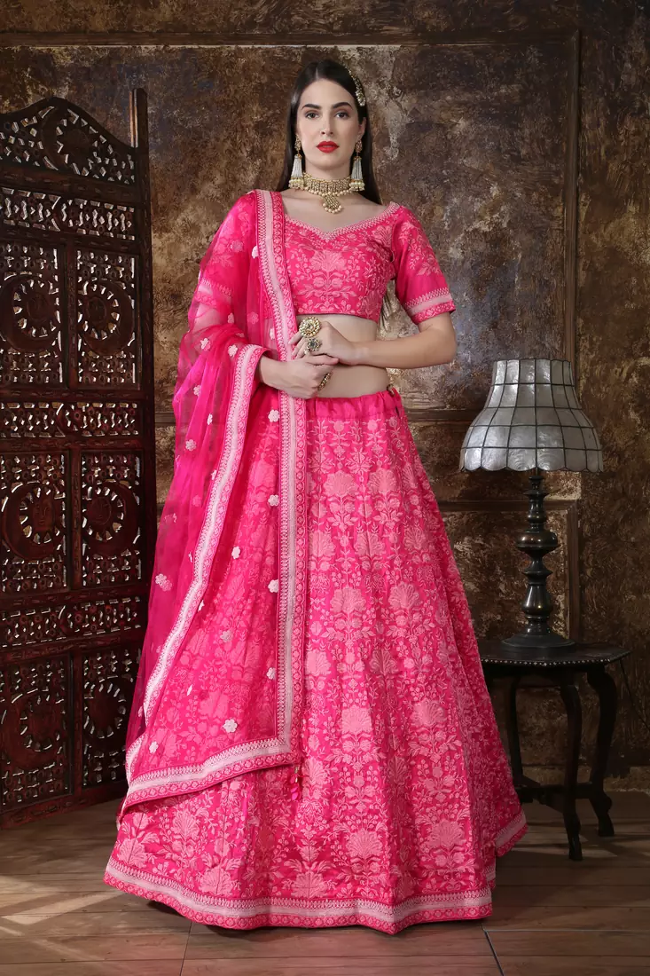 Pink Thread & Coding Embroidered silk semi stitched lehenga