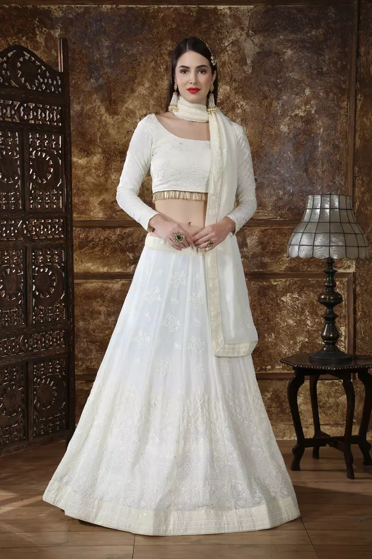 Off-white thread and Sequins embroidered georgette semi stitched lehenga
