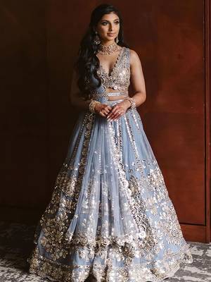 Glamorous Grey Zari with paper mirror Embroidered Net fabric lehenga choli 1