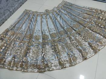 Glamorous Grey Zari with paper mirror Embroidered Net fabric lehenga choli 2