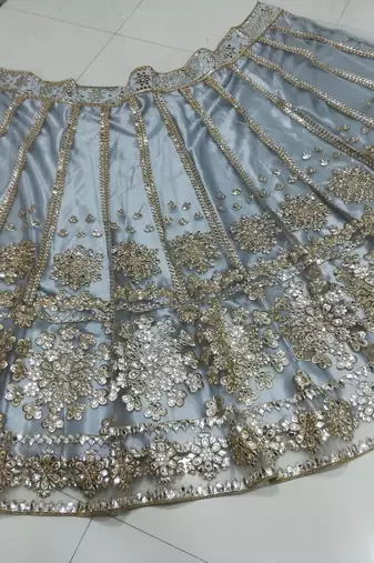 Glamorous Grey Zari with paper mirror Embroidered Net fabric lehenga choli