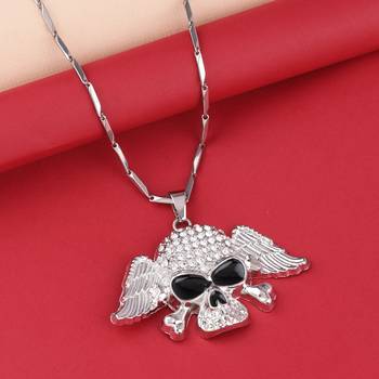 Silver Plated Skull With Wings Pendant Chain For Man And Boy 3
