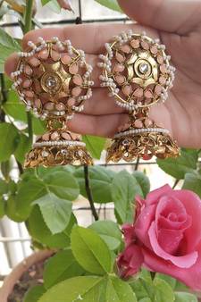 Ethnic Indian Bollywood Anitque Kundan Peech Jhumki Earrings Set