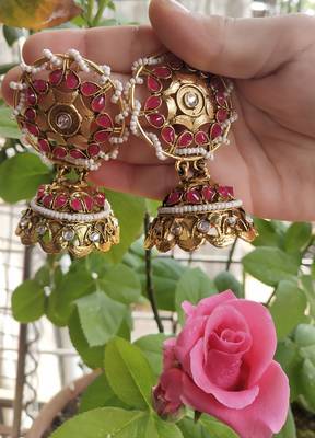 Ethnic Indian Bollywood Anitque Kundan Ruby Jhumki Earrings Set 1