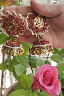 Ethnic Indian Bollywood Anitque Kundan Ruby Jhumki Earrings Set