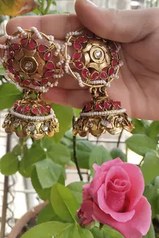 Ethnic Indian Bollywood Anitque Kundan Ruby Jhumki Earrings Set