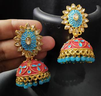 Turquoise Red Flower Tops Meenakari Golden CZ Pearl Jhumki Earrings Set 1