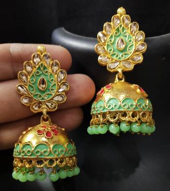 Mint Green Red Meenakari Golden Jhumki Earrings Set 1
