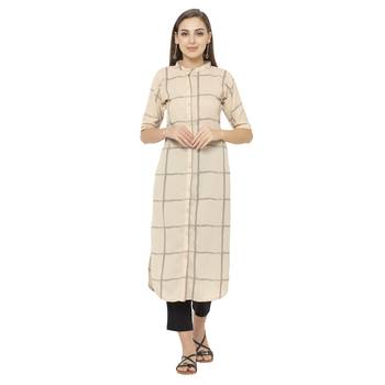 Beige printed polyester long-kurtis 1