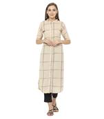 Beige printed polyester long-kurtis
