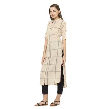 Beige printed polyester long-kurtis 2