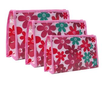 atorakushon   Pink Fabric Multipurpose Make Up Pouch Jewellery Cosmetic Organizer Necklace Pouches For Women Set of 3 1