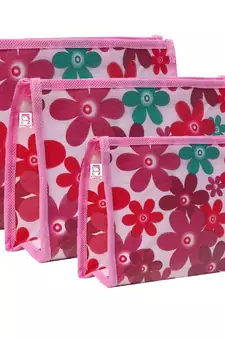 atorakushon   Pink Fabric Multipurpose Make Up Pouch Jewellery Cosmetic Organizer Necklace Pouches For Women Set of 3
