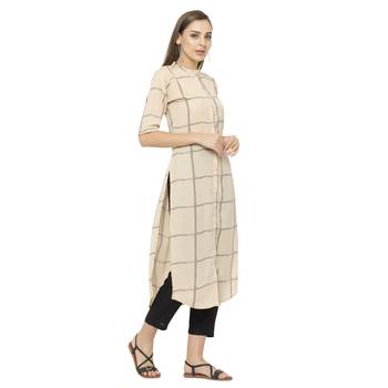 Beige printed polyester long-kurtis 3