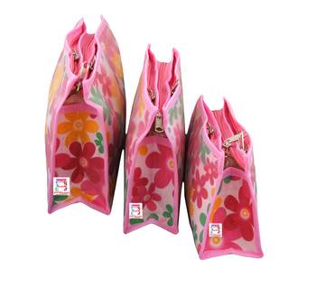 atorakushon   Pink Fabric Multipurpose Make Up Pouch Jewellery Cosmetic Organizer Necklace Pouches For Women Set of 3 2