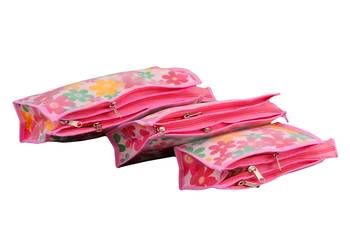 atorakushon   Pink Fabric Multipurpose Make Up Pouch Jewellery Cosmetic Organizer Necklace Pouches For Women Set of 3 4