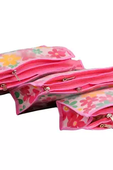 atorakushon   Pink Fabric Multipurpose Make Up Pouch Jewellery Cosmetic Organizer Necklace Pouches For Women Set of 3